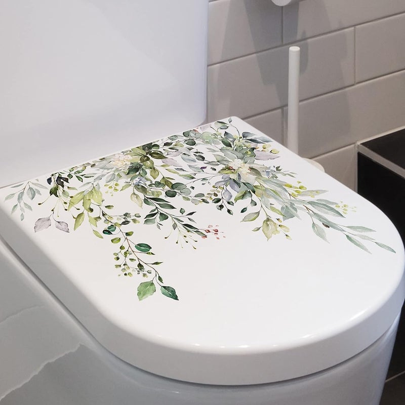 Katartizo Green Plant Leaves Flowers Toilet Seat Lid Stickers Self-Adhesive Bathroom Wall Stickers Green Leaf Floral Toilet Lid Decals DIY Removable Waterproof Toilet Sticker for Bathroom Cistern Decor - Image 3